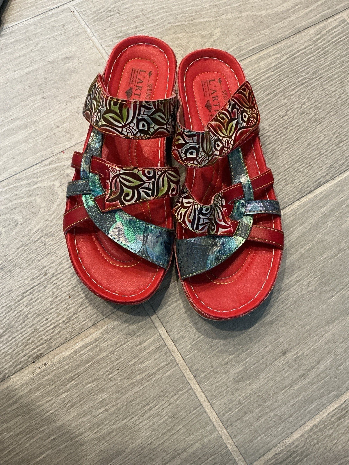 Spring Step L’Artiste Red Multicolor Patterned Slide Sandals Women’s Casual