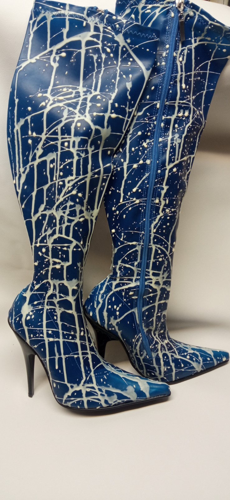 Handmade rubber boots knee high blue and female heel 12cm – size 43