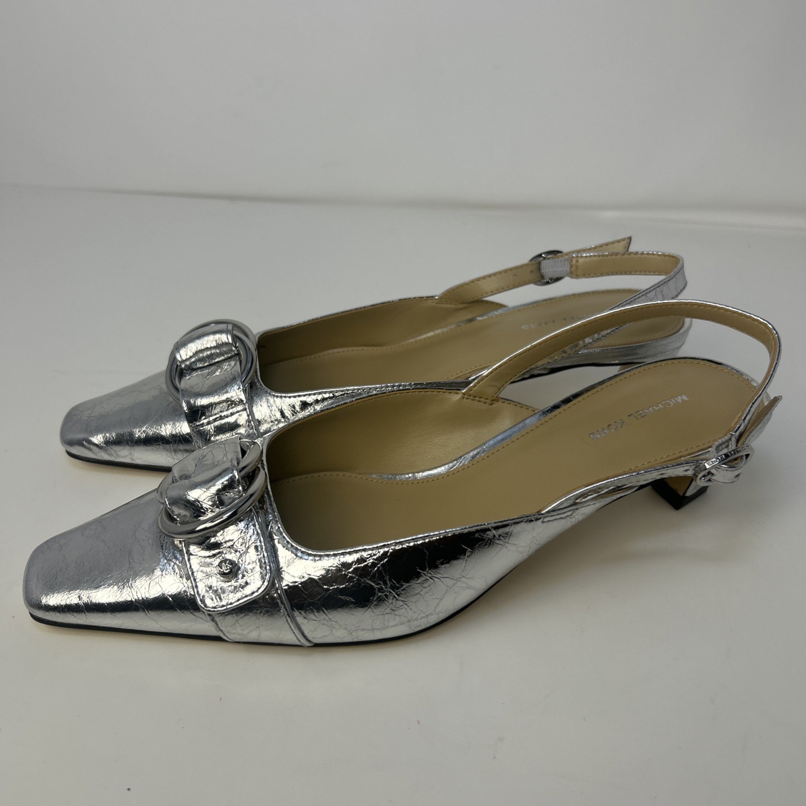 MICHAEL Michael Kors Jaden Kitten Slingback Pump Silver Metallic Size 7M NIB New
