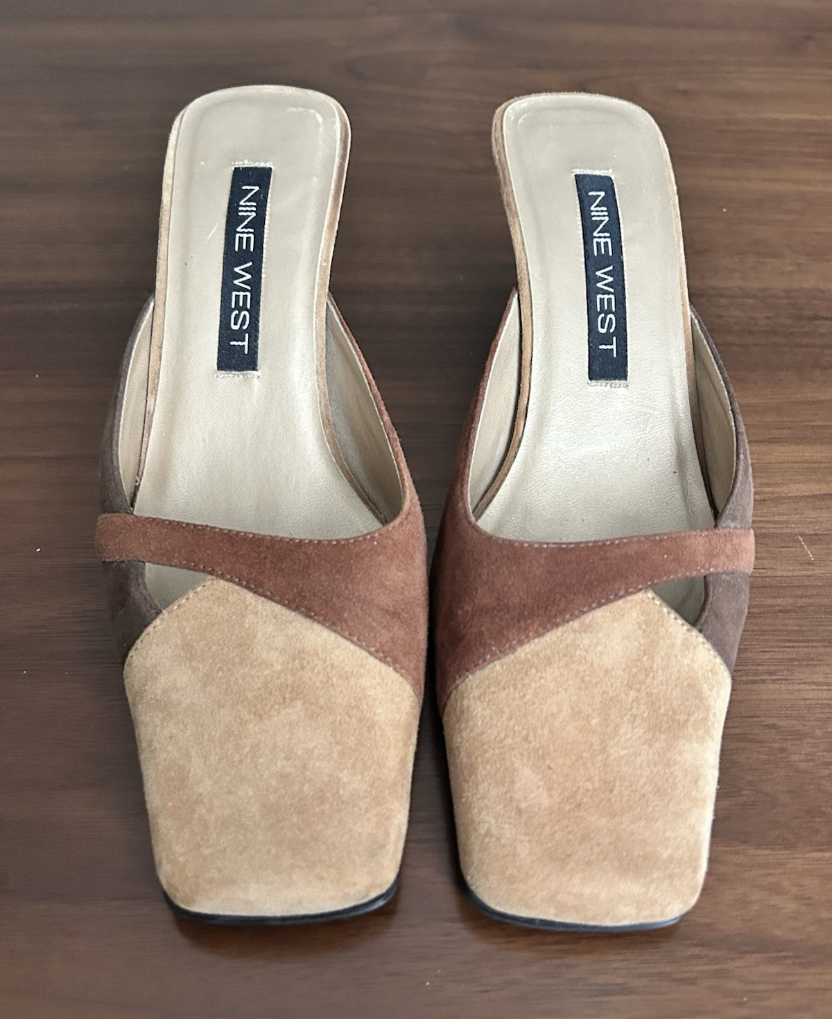 Nine West Women’s Suede Colorblock Mule Square Toe Slip-On Beige/Brown 5.5M