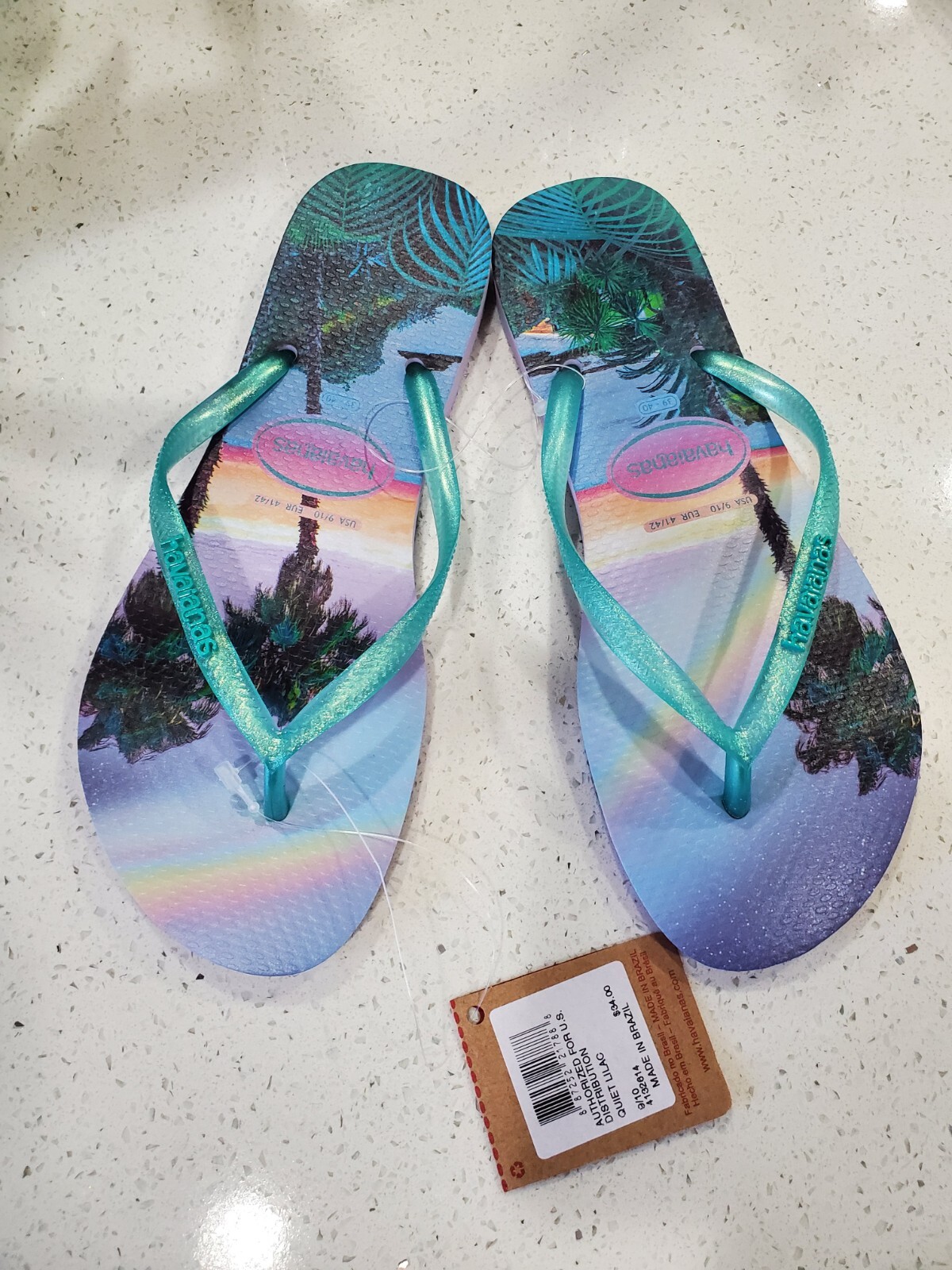 Havaianas Slim Iridescent Quiet Lilac Summer Flip Flops Palm Tree Size usa 9/10