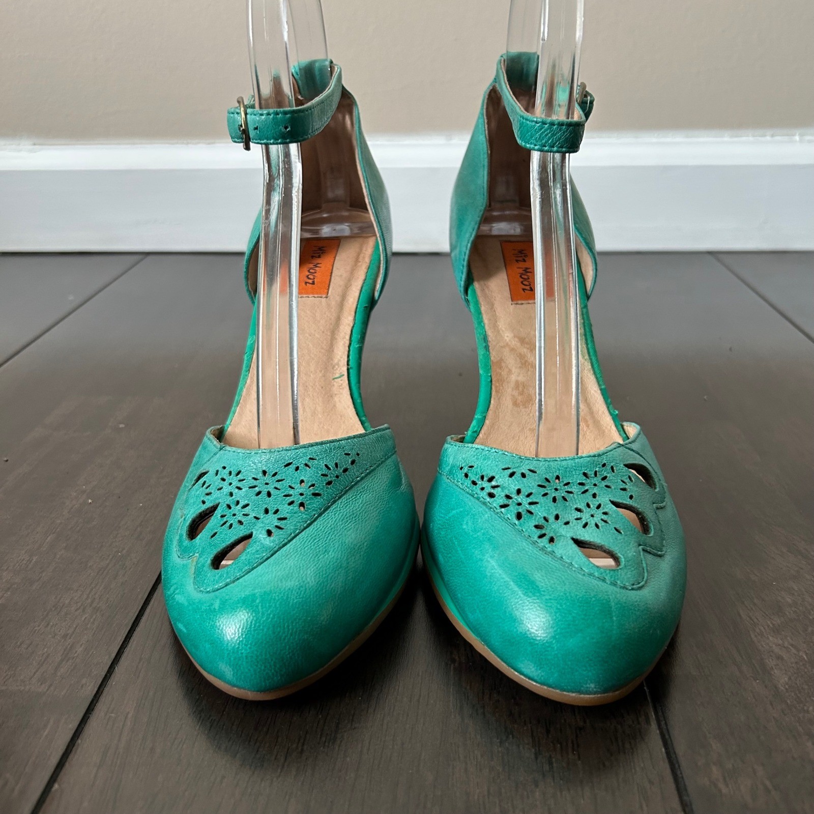 Miz Mooz Teal Leather Laser Cut Scalloped Ankle Strap D’Orsay Cone Heels 7