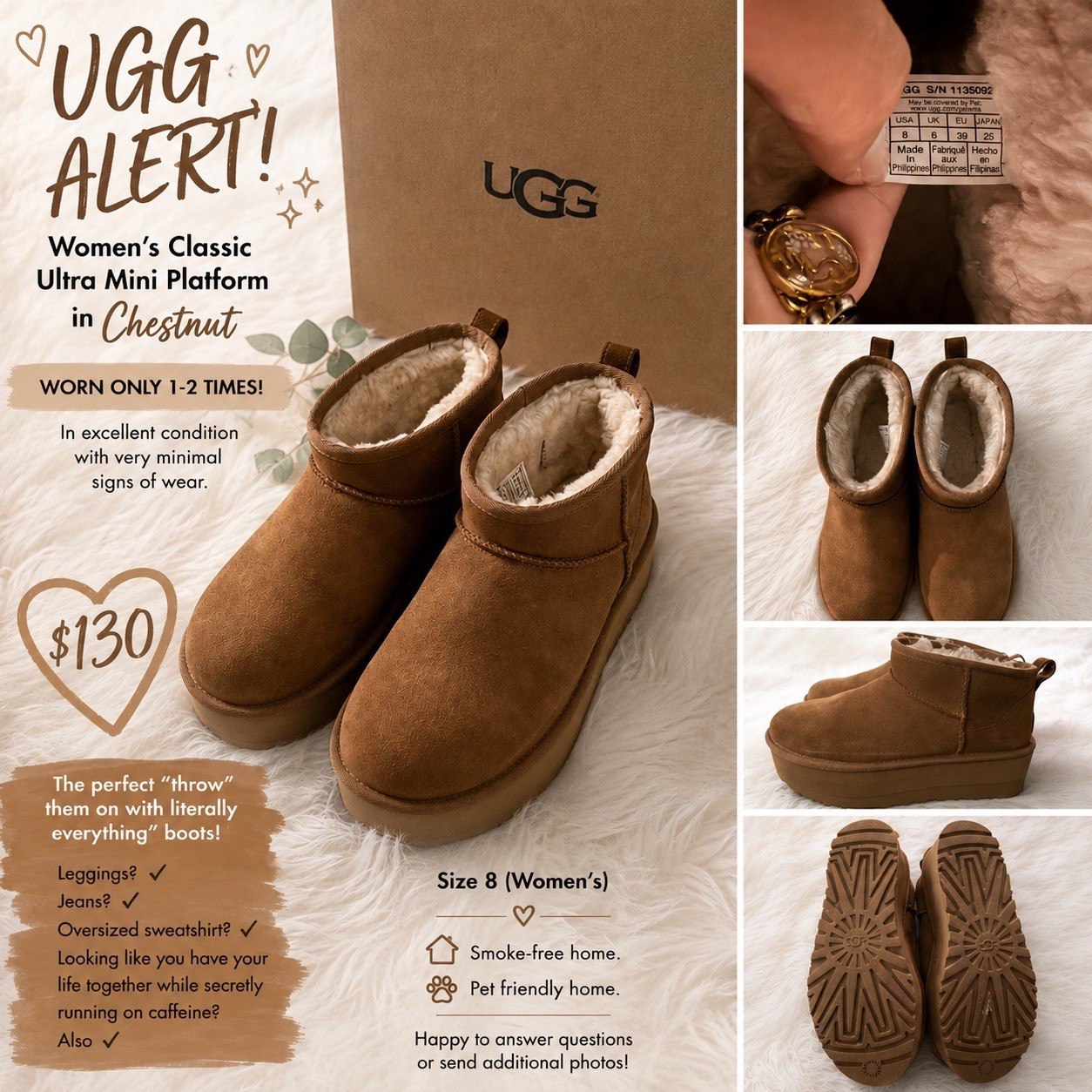 UGG Women’s Classic Ultra Mini Platform – Chestnut (1135092) Size 8 Women’s