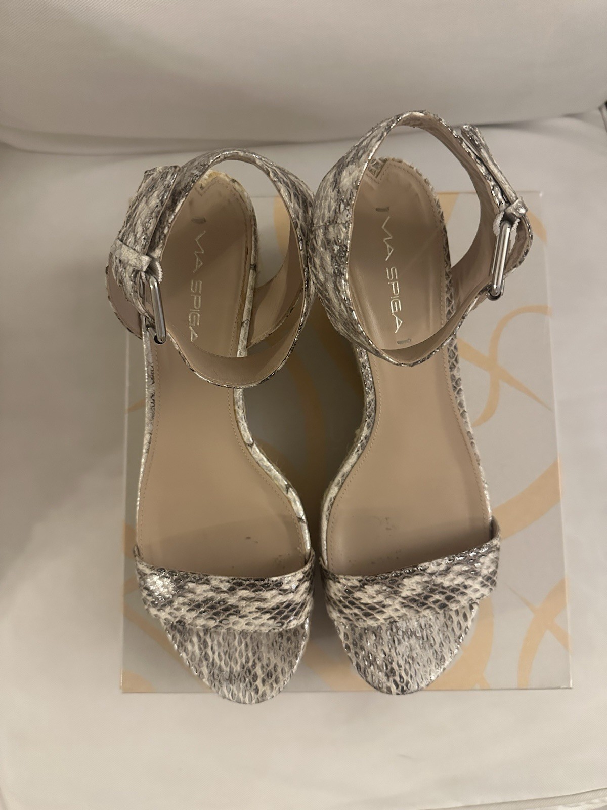 Via Spiga Silver Snake Print Wedge Sandals Ankle Strap Buckle US 10 M Used once