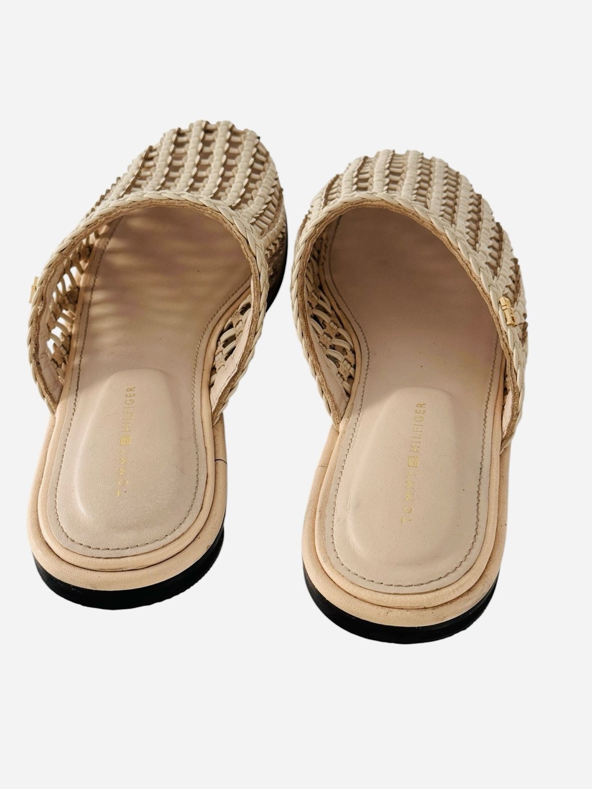Tommy Hilfiger Premium Leather Woven Mule Sandals in Cream