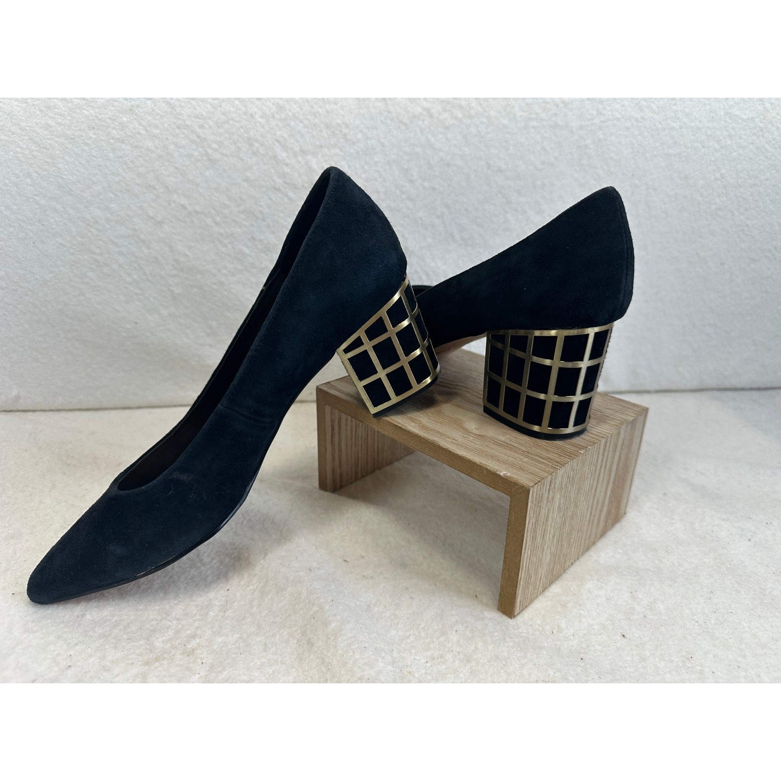Brian Atwood Karina Black Suede Minimalist Cage-Embellished Block Heel Pump SZ 7