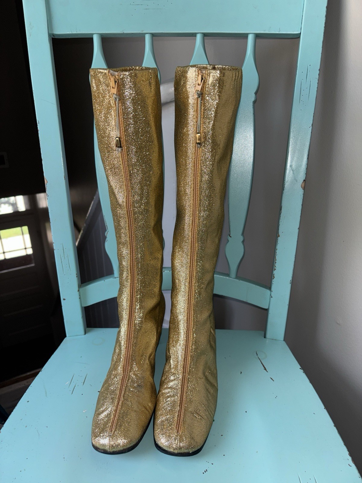 Rare Vintage Women Gold Metallic Lame Knee-High Go Go Boots