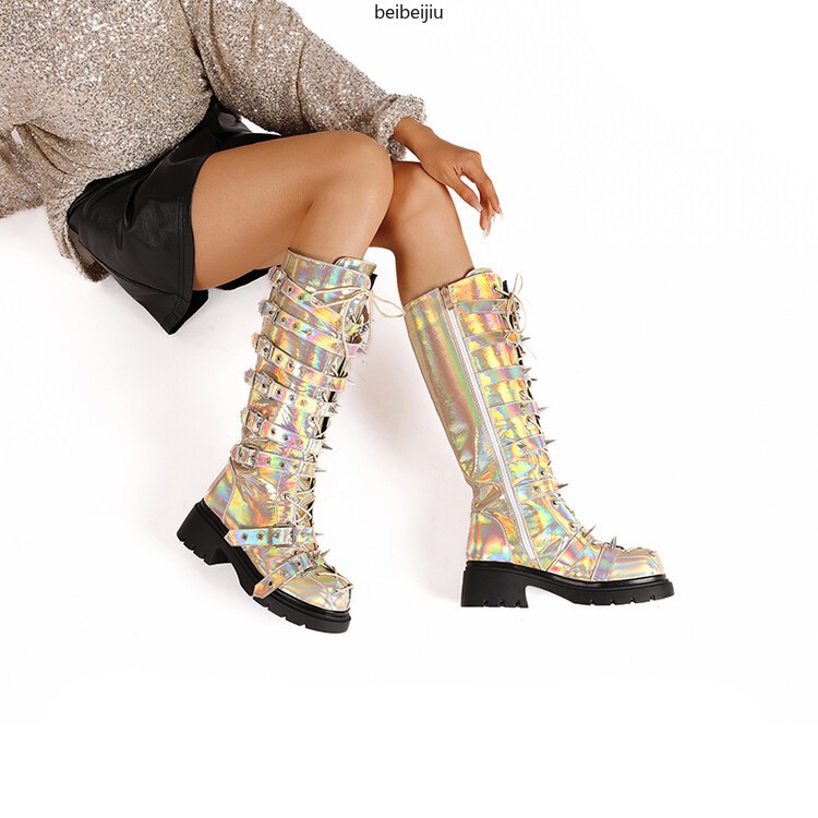 Women’s Punk Cosplay Mid Calf Boots Spike Studded Mid Block Heel Buckle Shoes Sz