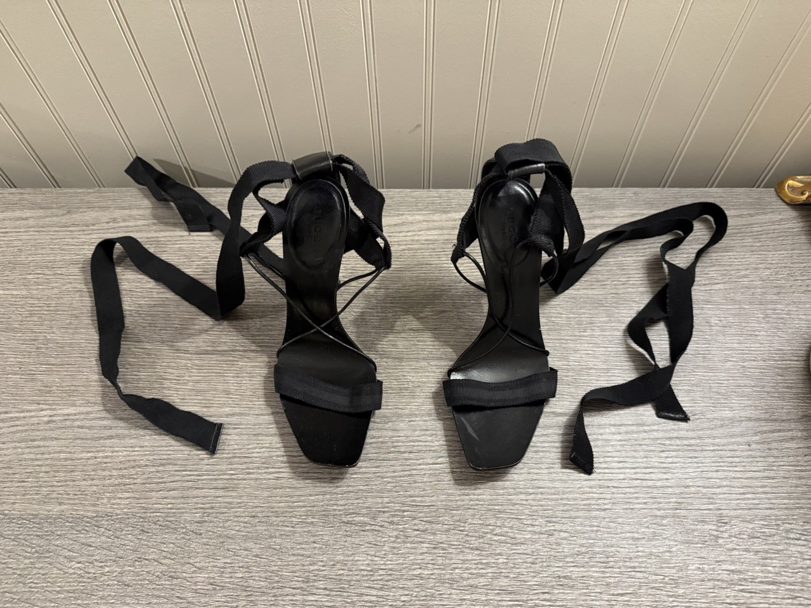 Authentic Gucci Tom Ford Black Ribbon Lace Up Heels Sandals 5.5B Made in Italy