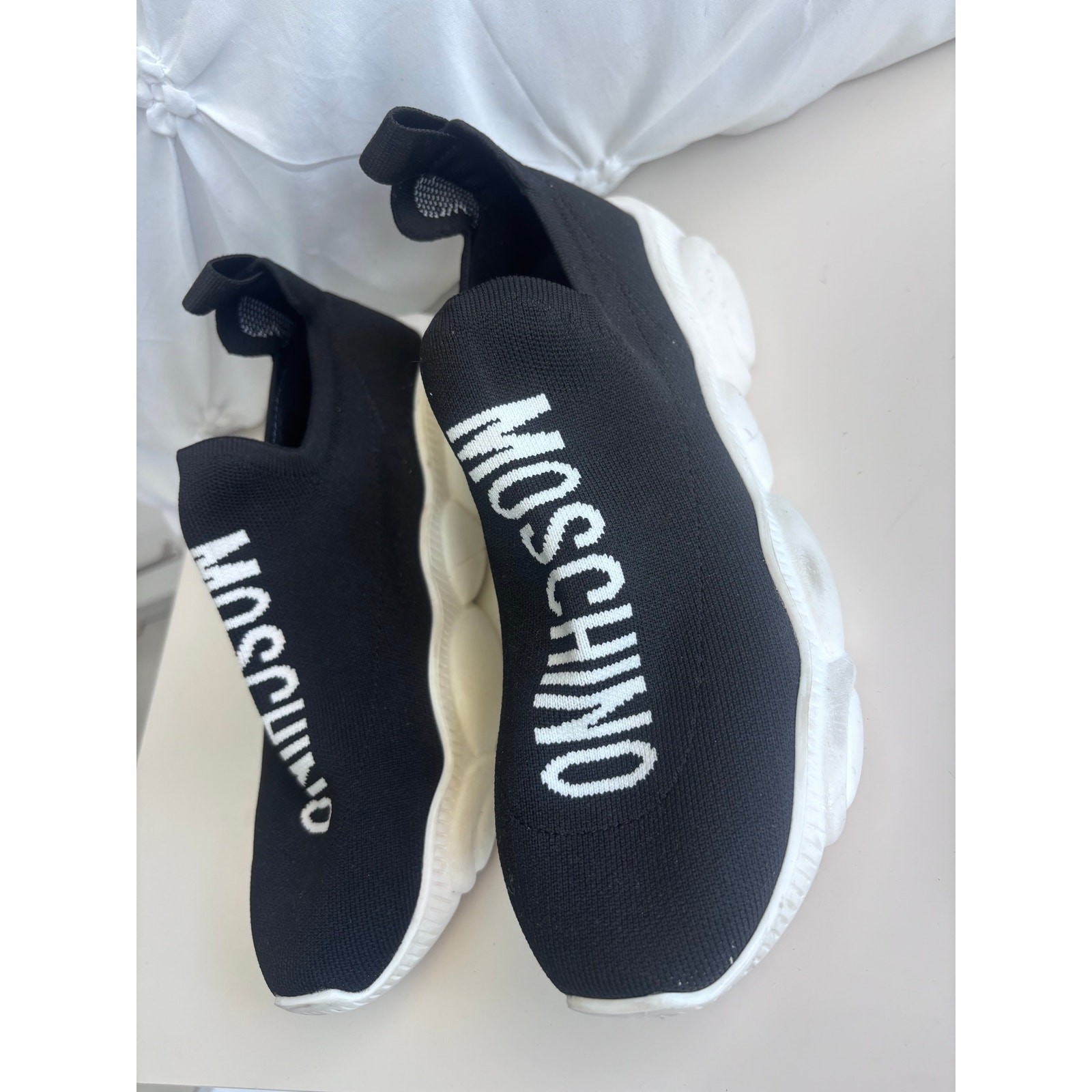Moschino Couture Stretch Fabric Black Knit Slip On Sneakers Women’s Size 39