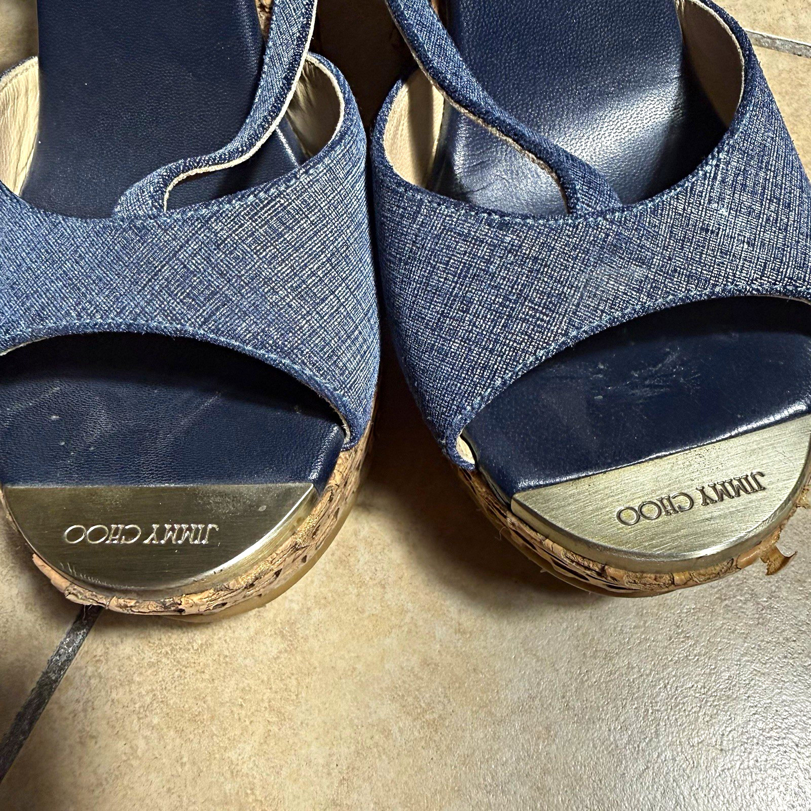 Jimmy Choo Women’s Blue Denim Strappy Wedge Sandals Ankle Strap Buckle 8