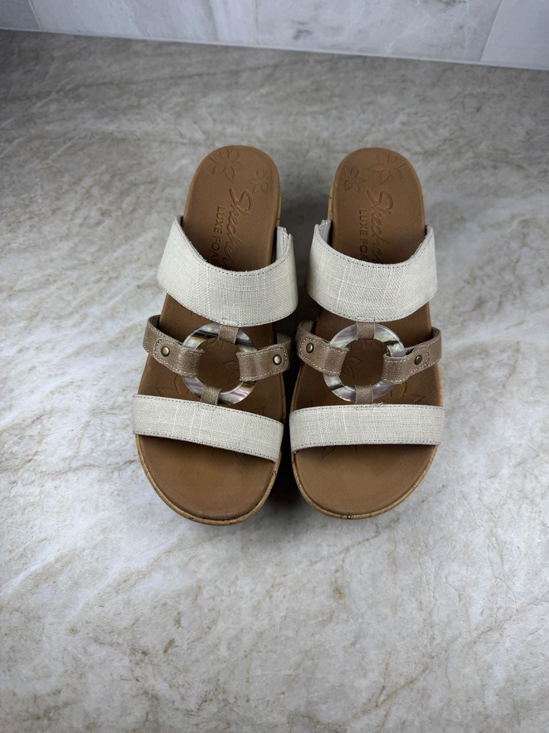 Skechers Beverlee Sail Away Natural Wedge Sandals Luxe Foam Women’s Size 7