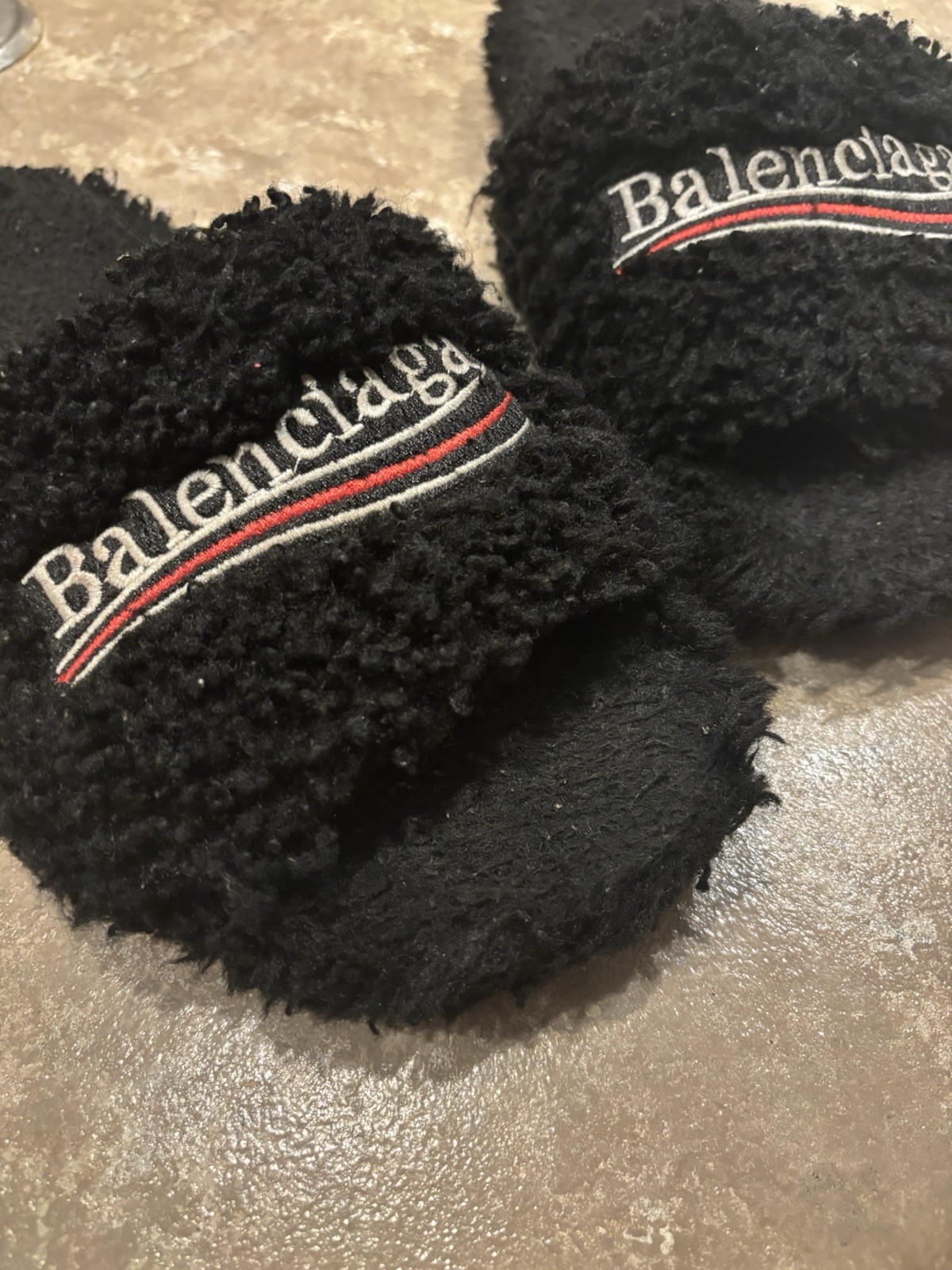 Balenciaga Black Fur Logo Slide Sandals Unisex Adults US 9.5