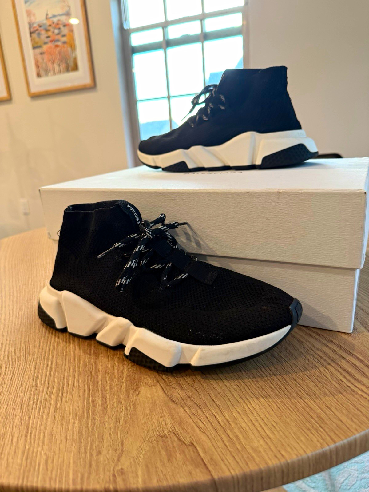 Balenciaga Speed Knit Mid Top Sneaker Black/White Lace Up Logo 517319W07U0