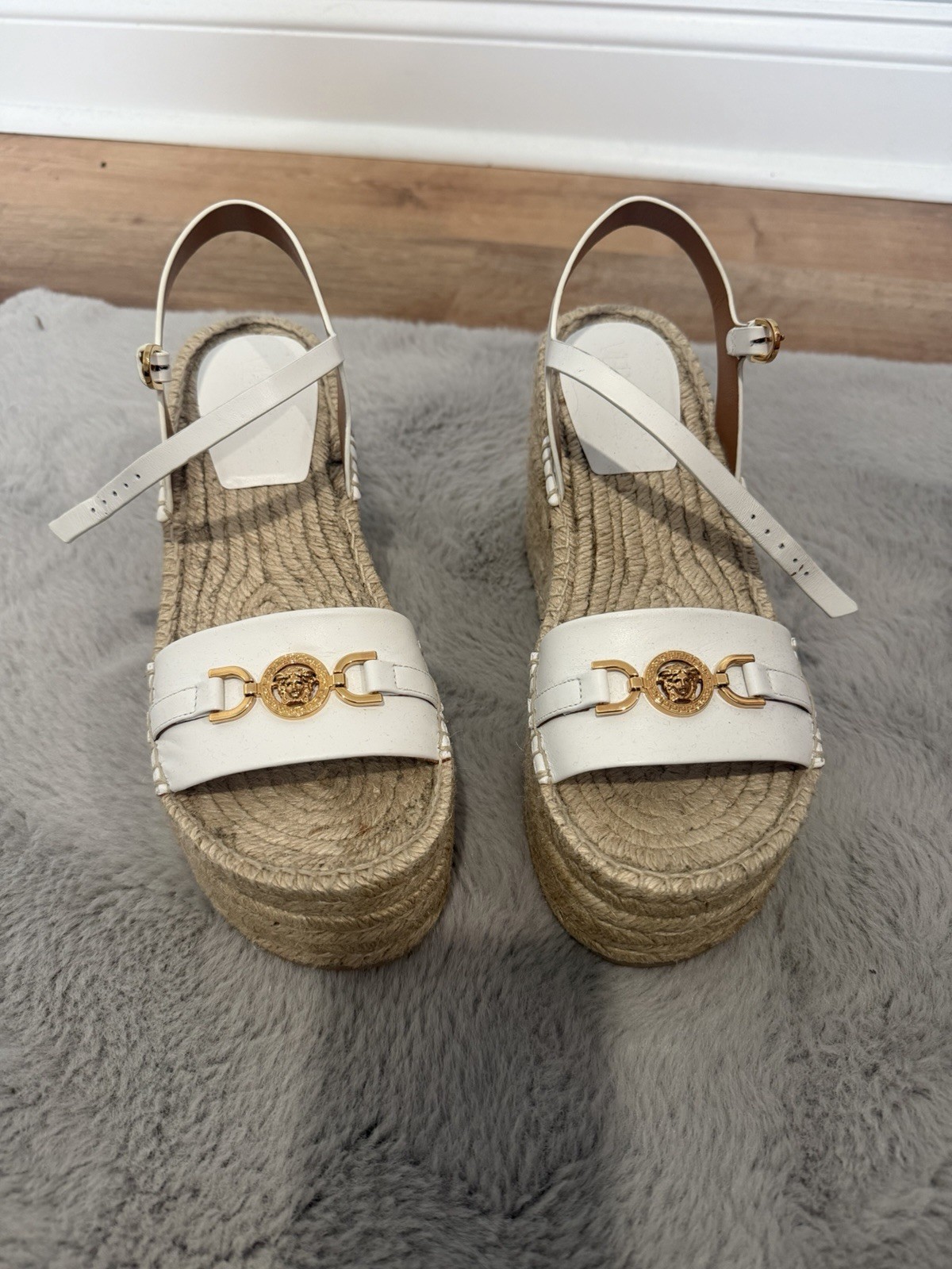 Versace White Leather Espadrille Wedge Sandals Gold Logo Adjustable Strap 39