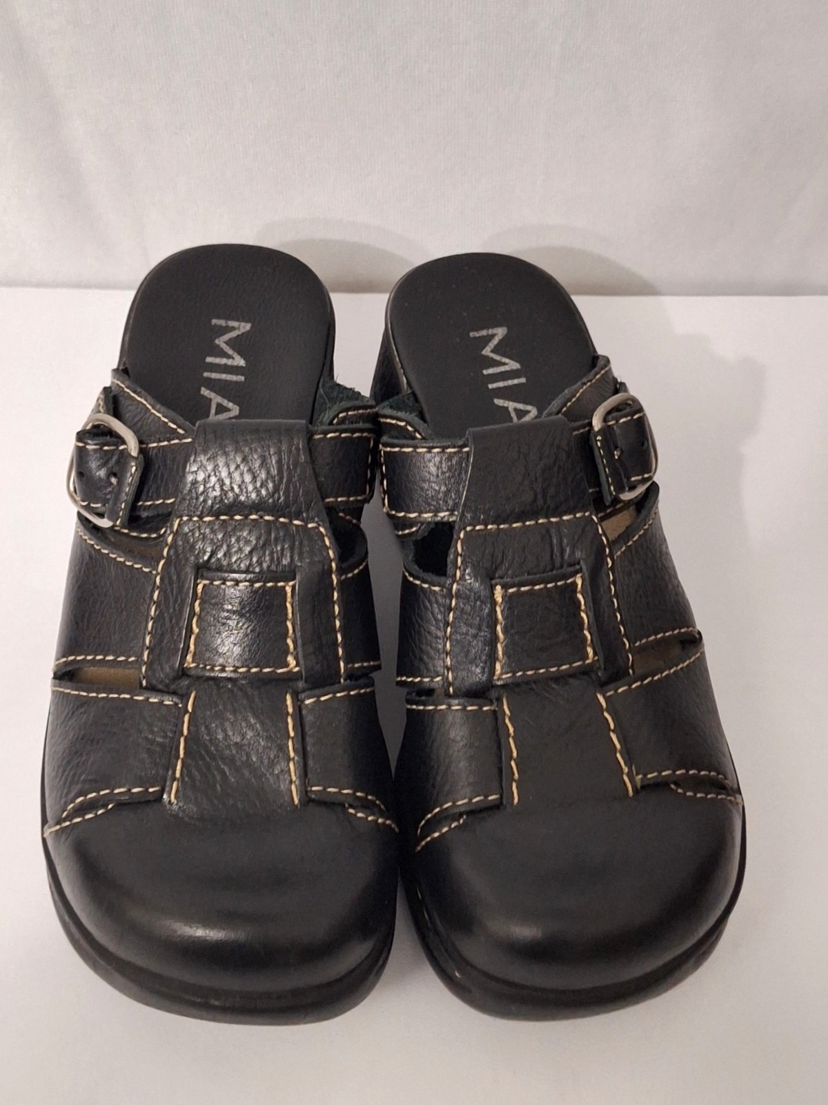 Vintage MIA Yale Black Leather Clogs Mules Shoes Women’s 7.5M Platform Boho Y2K