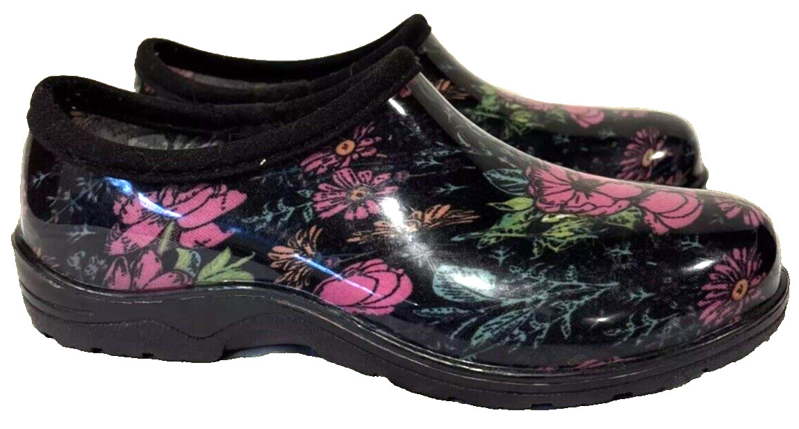 Ground Work Garden Clogs Waterproof Slip On Shoes Black Pink Floral Size 6M