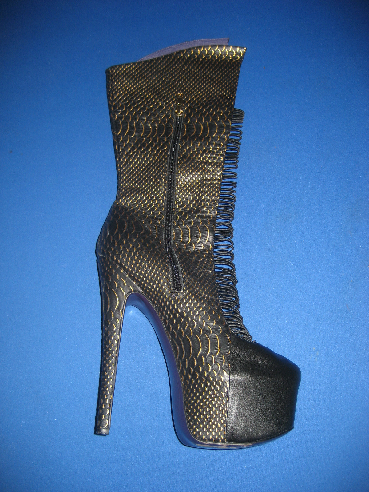 London Trash Black Gold Crucify Mid Calf Stiletto Hidden Platform Boots Size 8.5