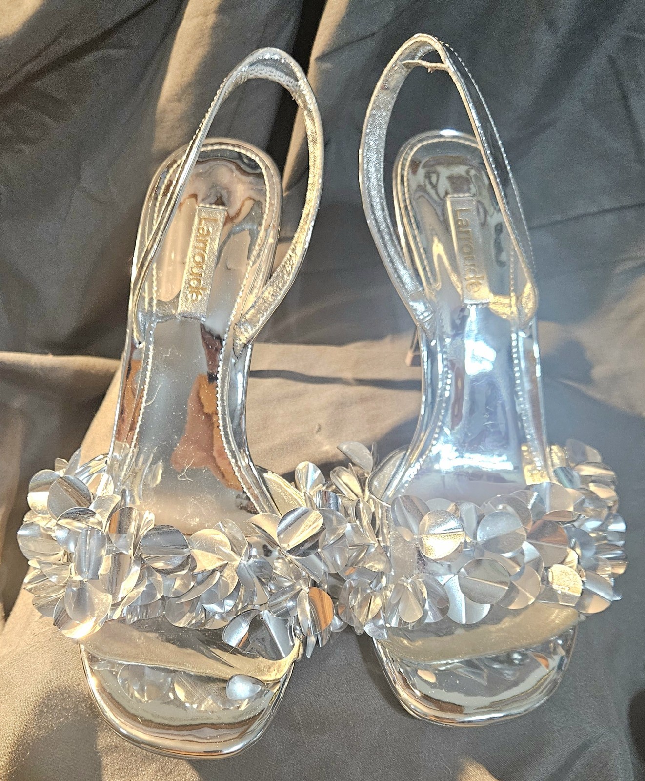 Womens Larroudé Morgan Sandals Silver Specchio Size 10 Stiletto Sling Back…