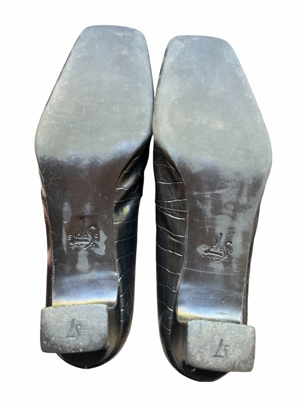 LifeStride Studio Croc-Embossed Leather Block Heel Pumps — Black, Size 7