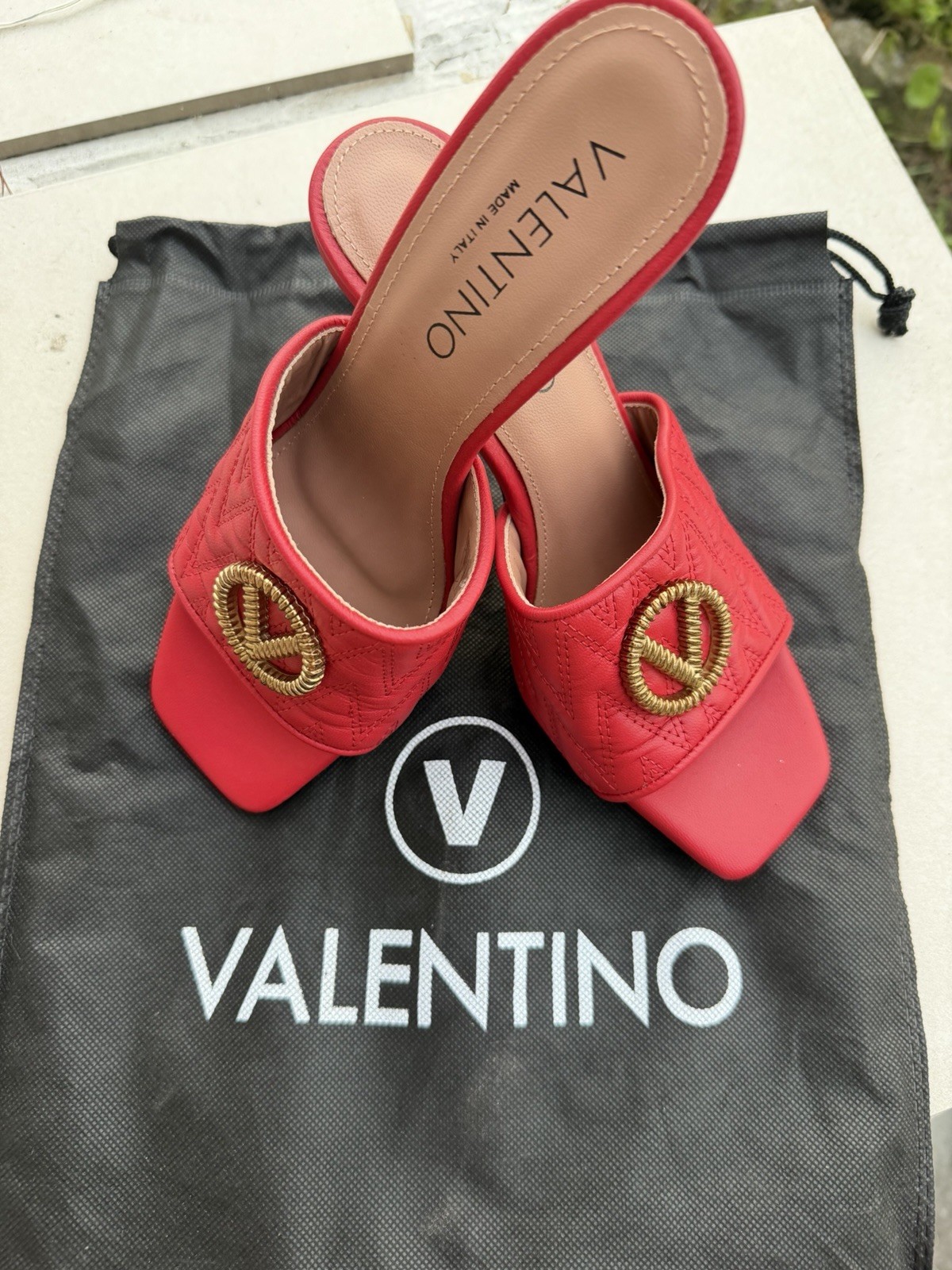 Valentino Women’s Red Quilted Faux Leather Square Toe Mule Slip-On Heels, US 8