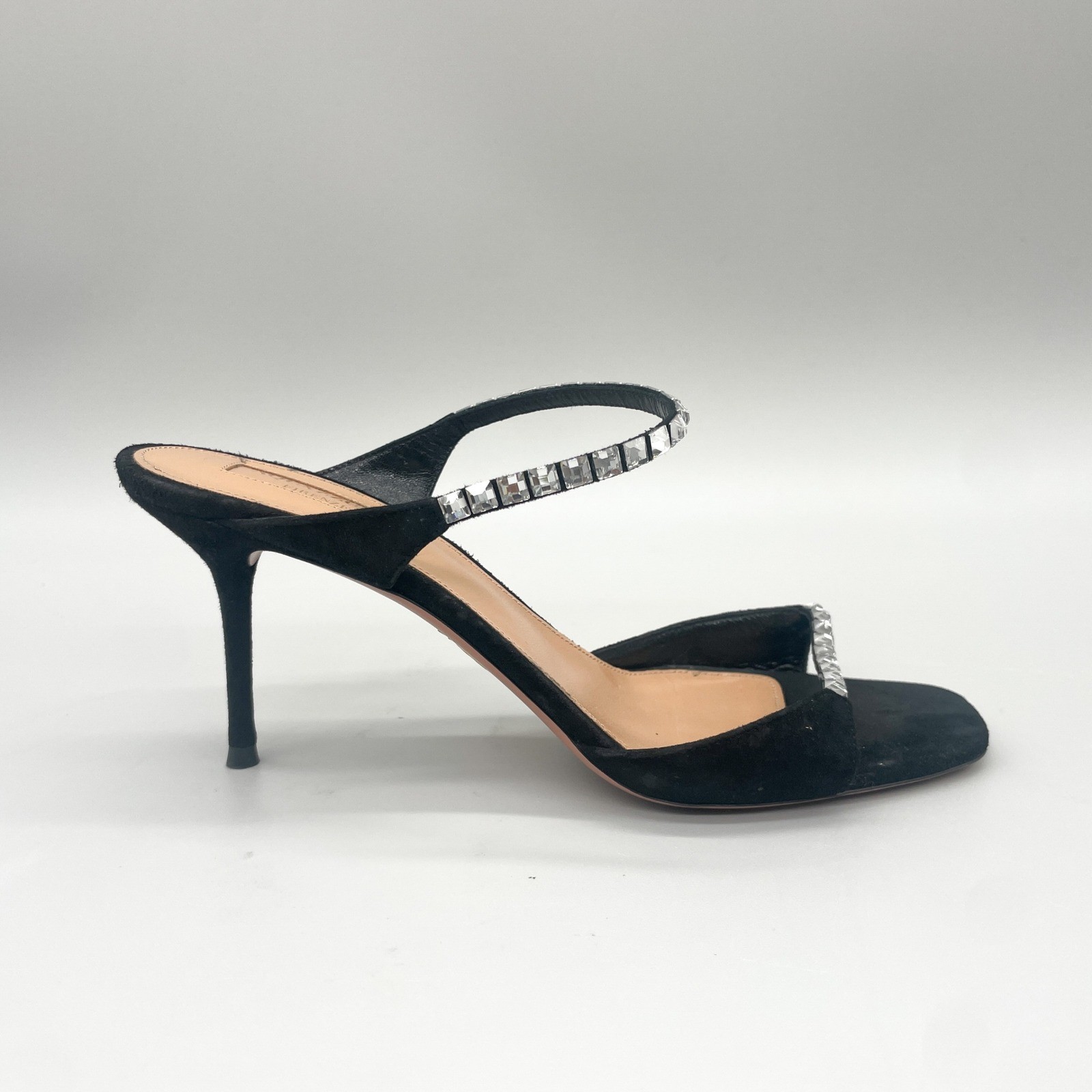 Aquazzura Diamante 75 Black Suede Crystal Sandals Mules Womens 37.5 Wedding Glam
