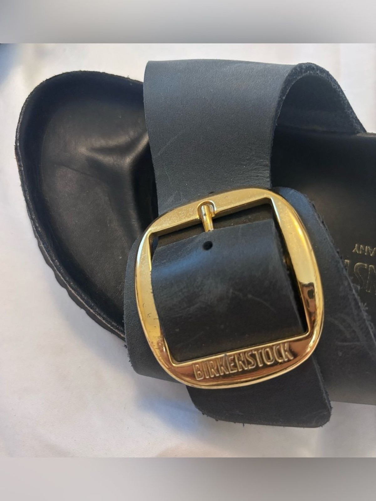 Birkenstock Madrid Big Buckle Navy Leather Slide Sandals Gold Buckle EU 38