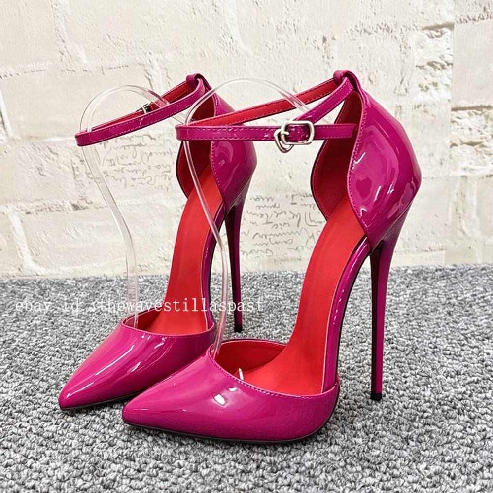 14/16CM Extreme High Heels Pumps Black Matte Pointed Toe Ankle Strap Stilettos