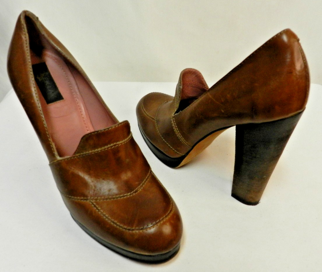 Derek Lam Leather loafer platform heels pumps brown Italy Size Sz 39 US 8