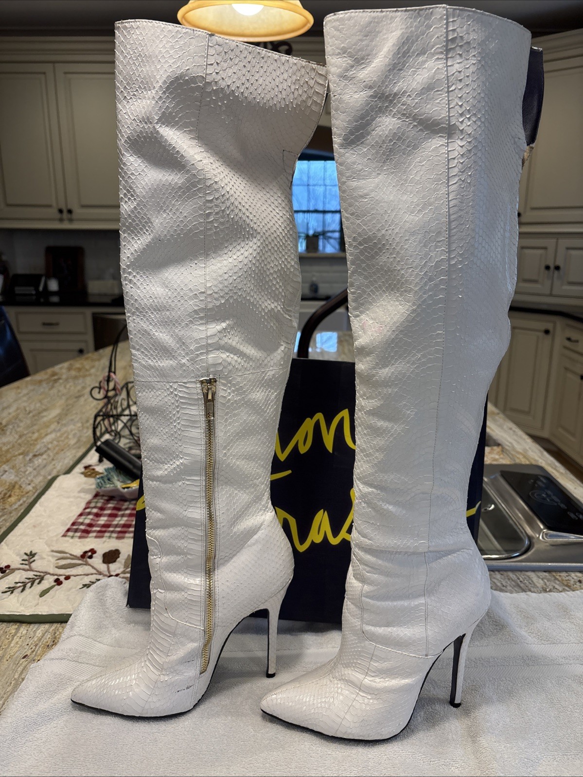 London Trash LORELEI White Leather OTK Knee Boots 120mm Stiletto Heel 38.5 8