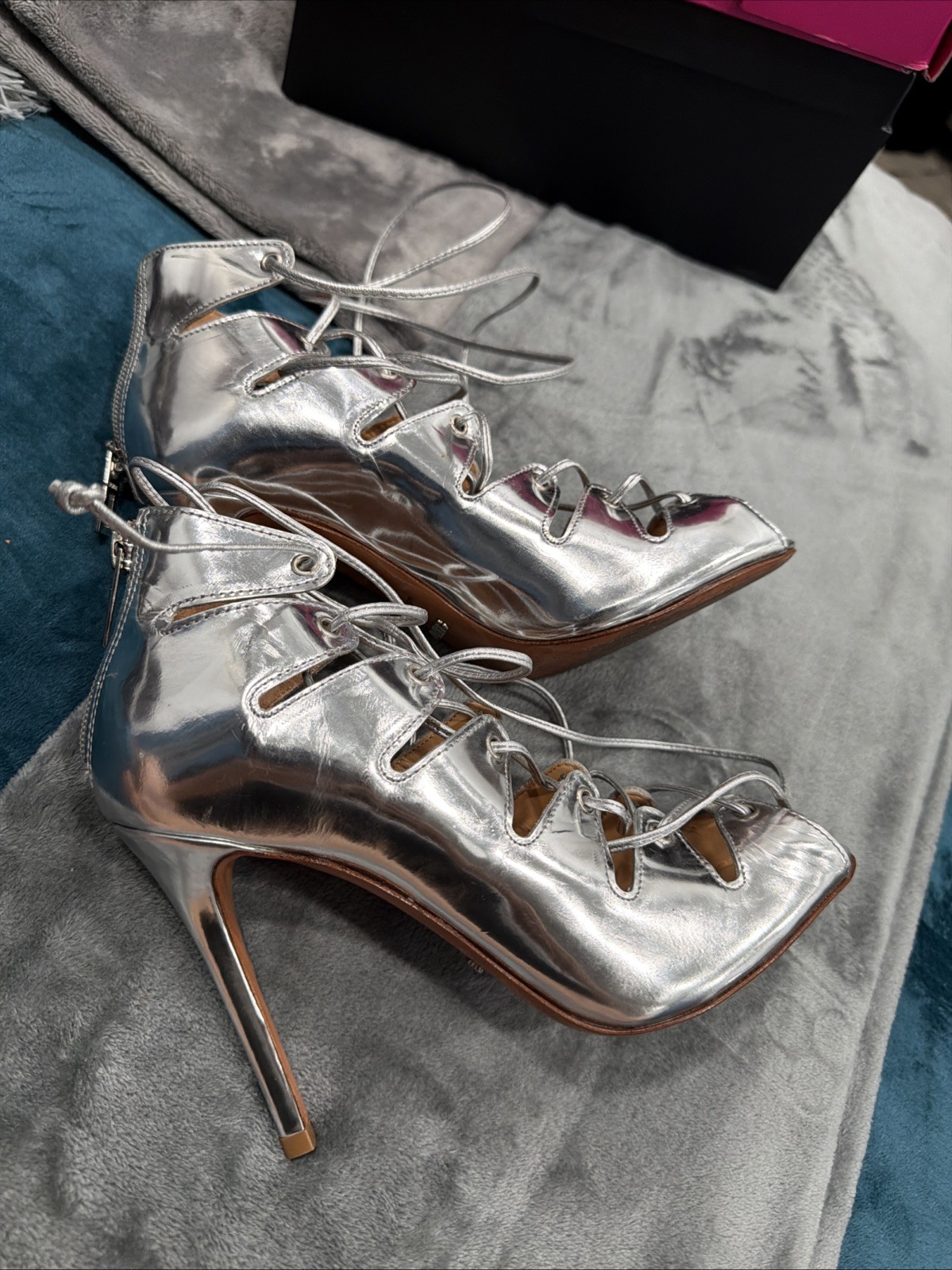 Schultz Leather Size 8 Silver Lace Up Open Toes Sandals Made In Brazil’s