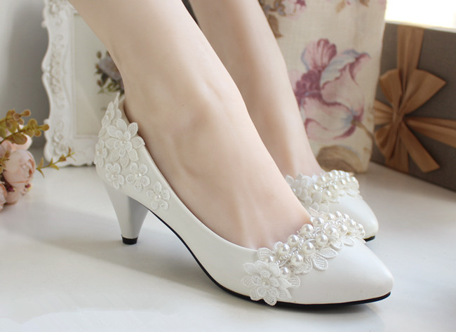 Ivory Pearl Flower Wedding Lace Prom Bridal Bridesmaid Flat High Low Heels shoes