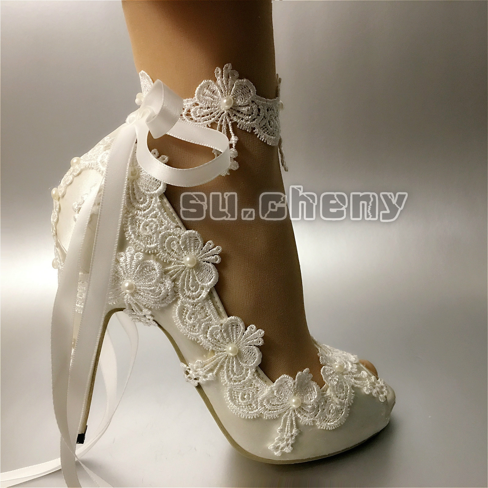 su.cheny Ribbon anklet white ivory satin open toe heel Wedding Bridal shoes size