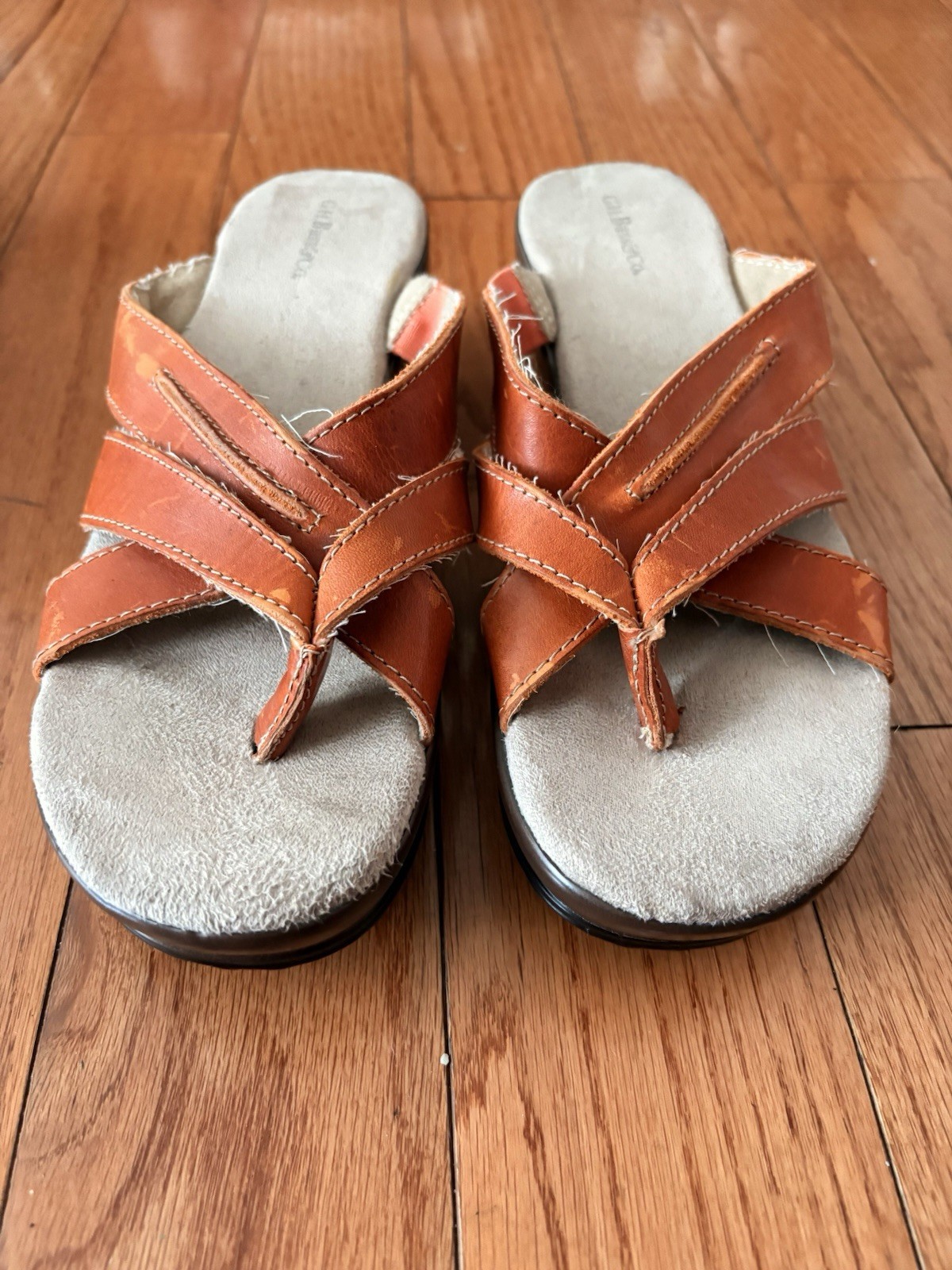 Bass Womens Brown Leather Wedge Thong Slip-On Sandals Comfort US 8 M