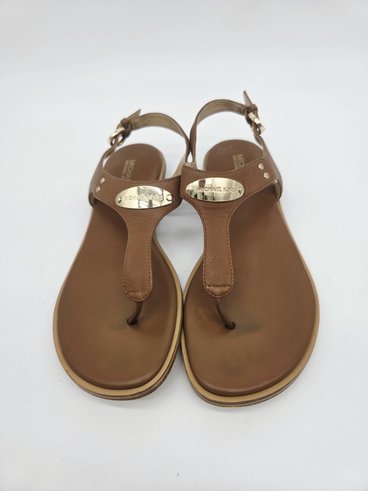 Michael Kors MK Plate Brown Leather Thong Sandals Flats Luggage size 7M