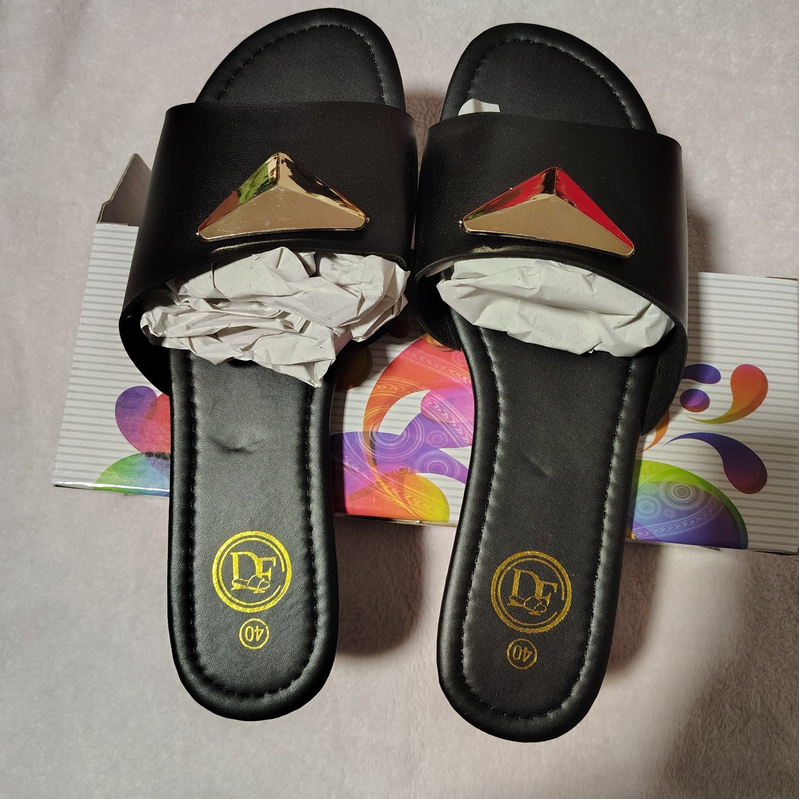 Women’s Black Slip-On Slide Sandals Gold-Tone Metal Triangle Logo EU 40