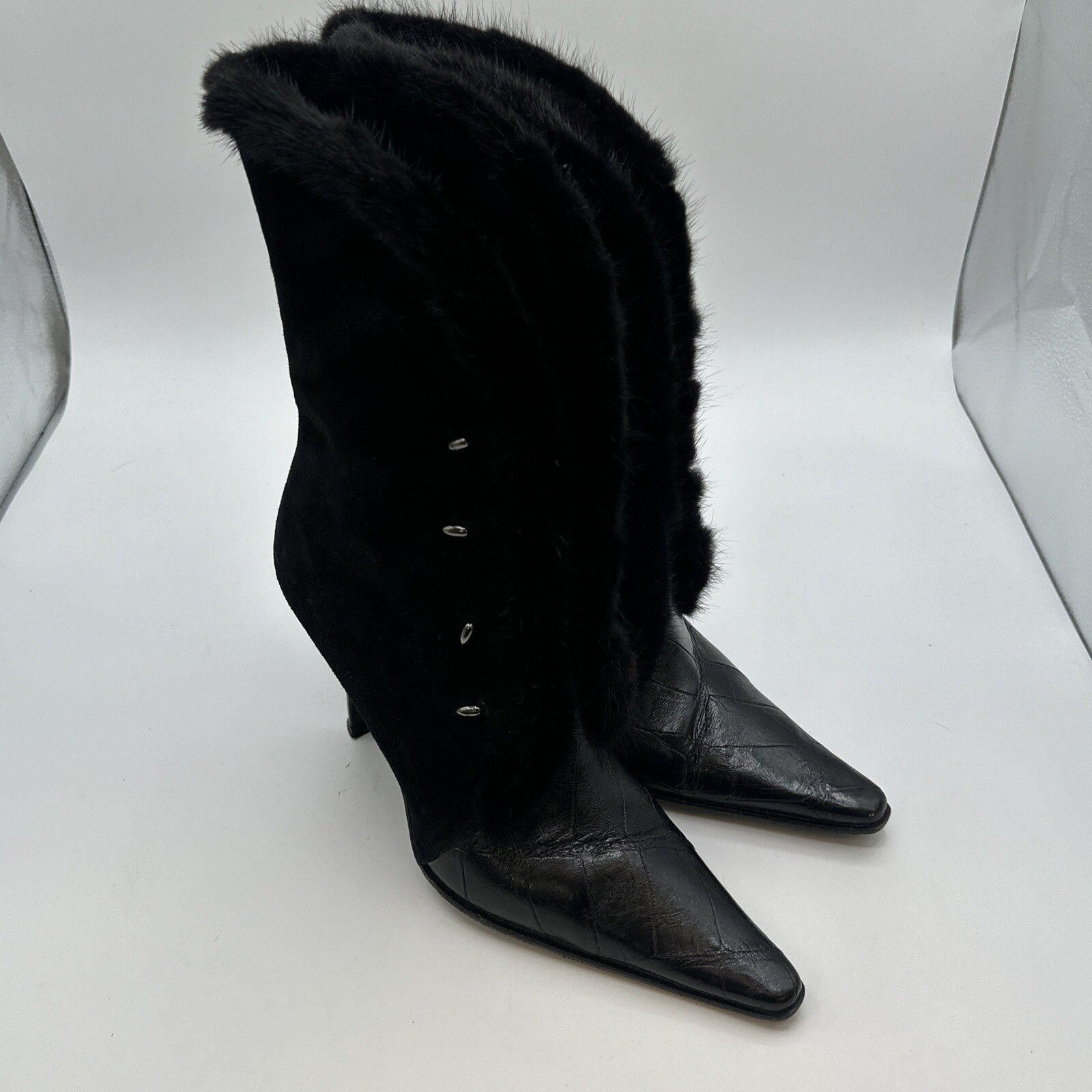 Mauri Boots Womens 9.5 Black Suede Alligator Mink Fur Trim Witchy Gothic Italy