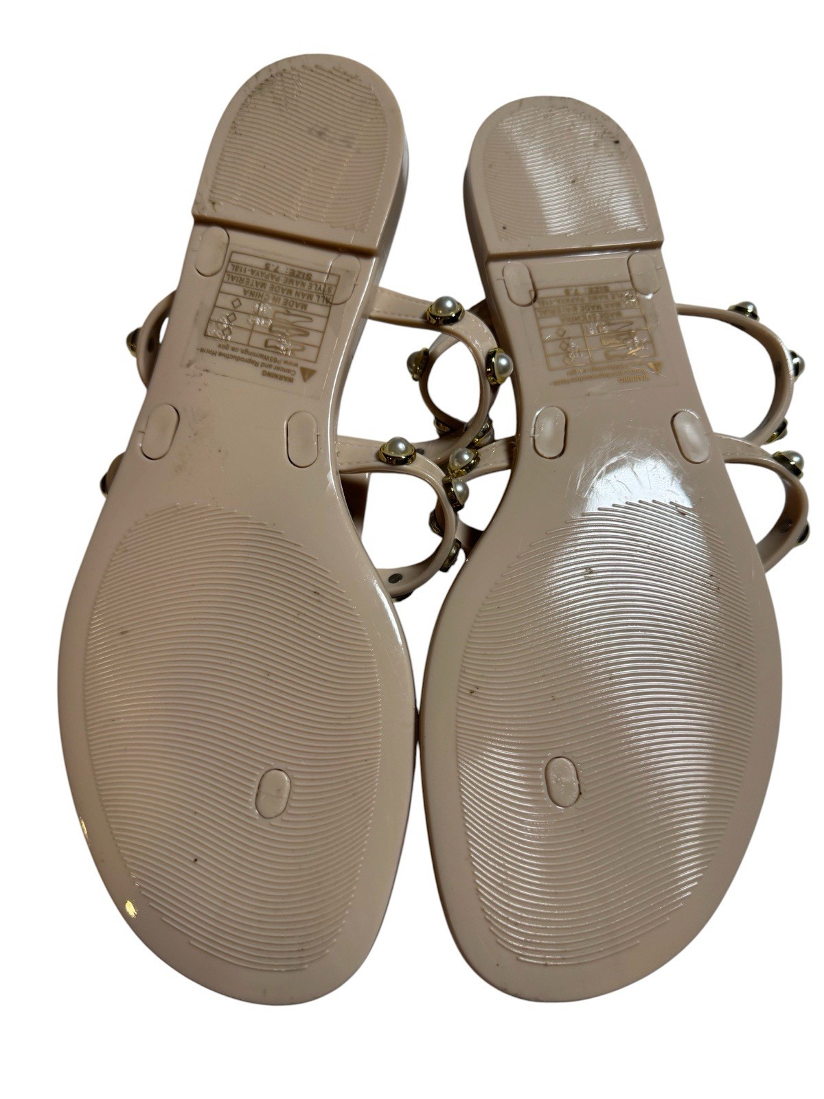 Olivia & Kate New York Pearl Studded Jelly Sandals Nude Beige Strappy Flats 7.5
