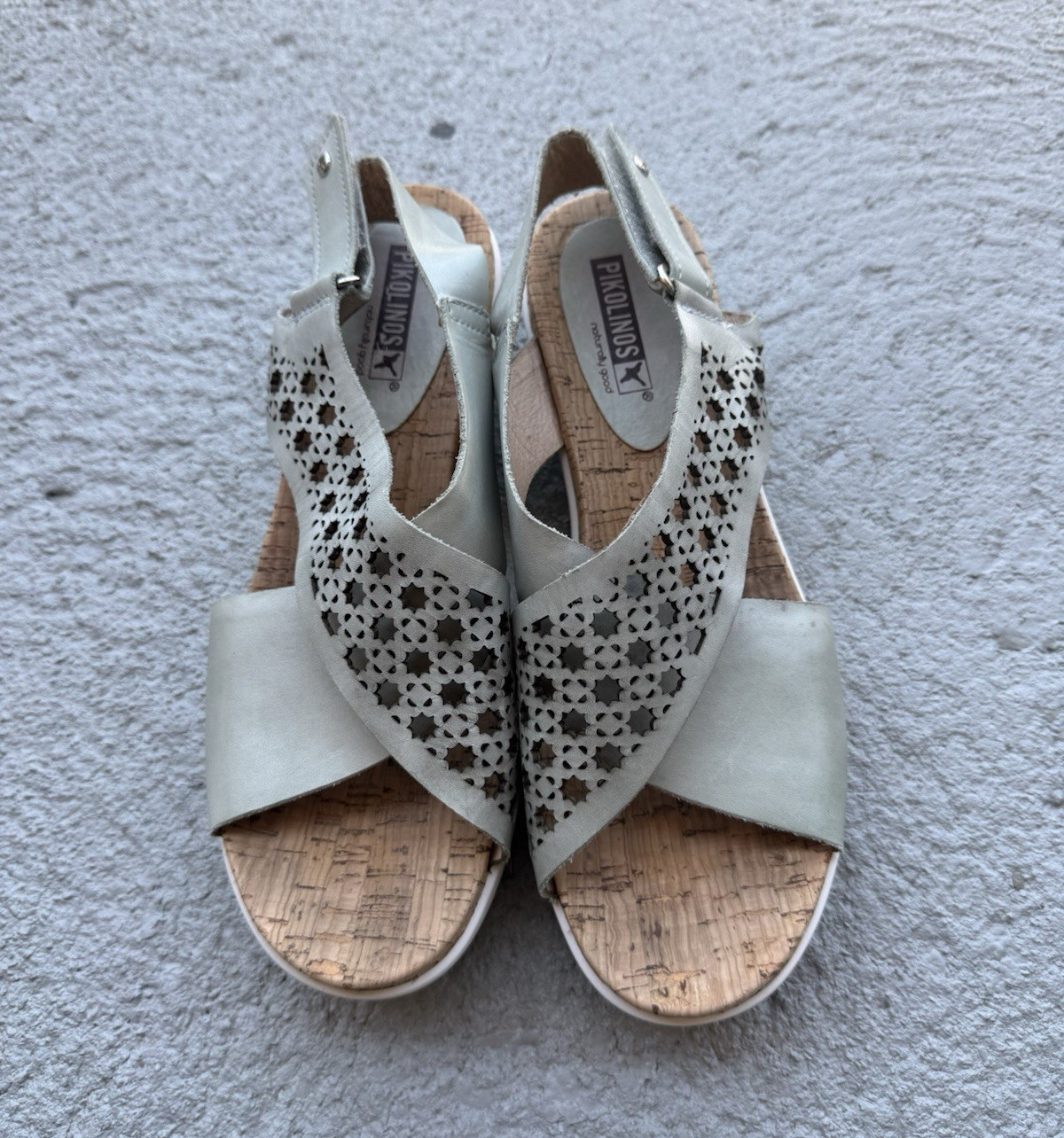 Pikolinos Womens Beige Leather Laser Cut Wedge Slingback Sandals US 9.5