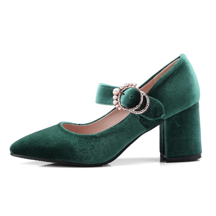 Retro Women’s Velvet Lolita Mary Janes Pointed Toe Block Heels Pump Formal Shoes