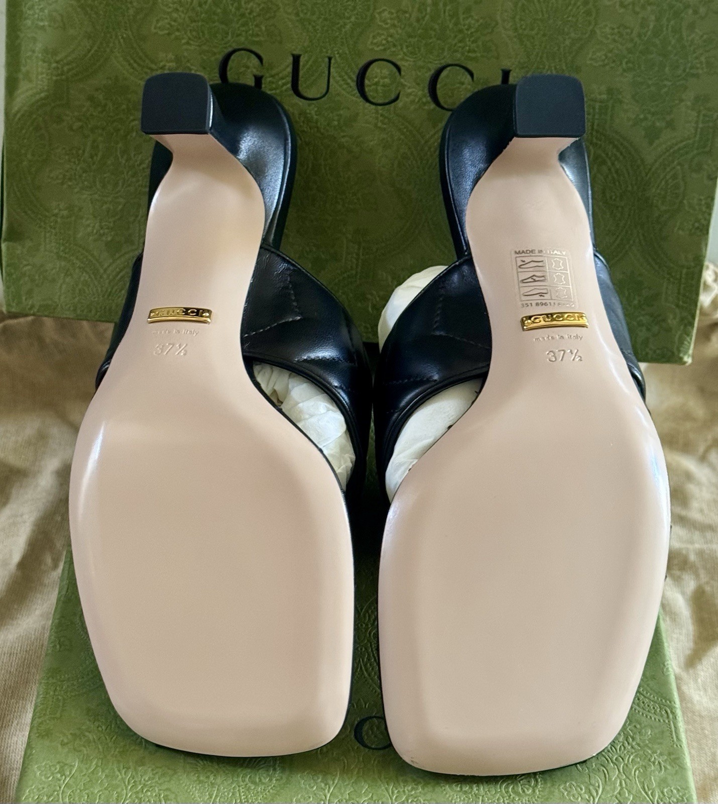 Gucci Marmont Chevron Double G 37+/ US 7.5 Thong Heel Sandals Black Leather NIB