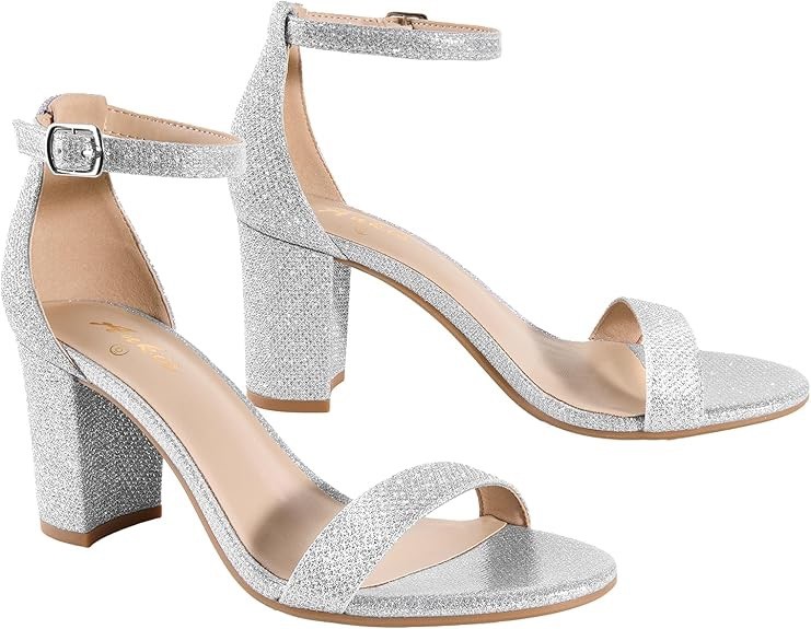 Ankis Silver Glitter Chunky Heel Sandals Women’s Size 6B Ankle Strap New