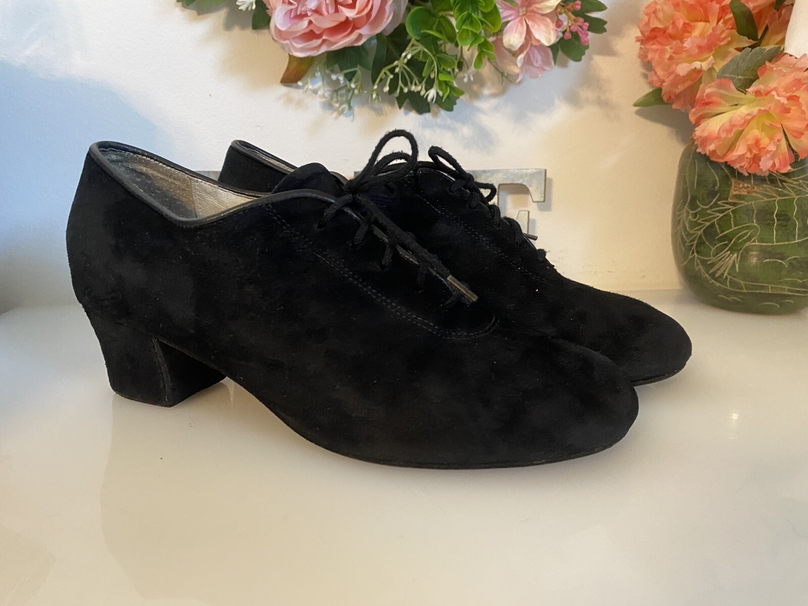 Vintage Celebrity Suede Handmade In USA Black Lace Up Heel Shoes Women Size 7.5