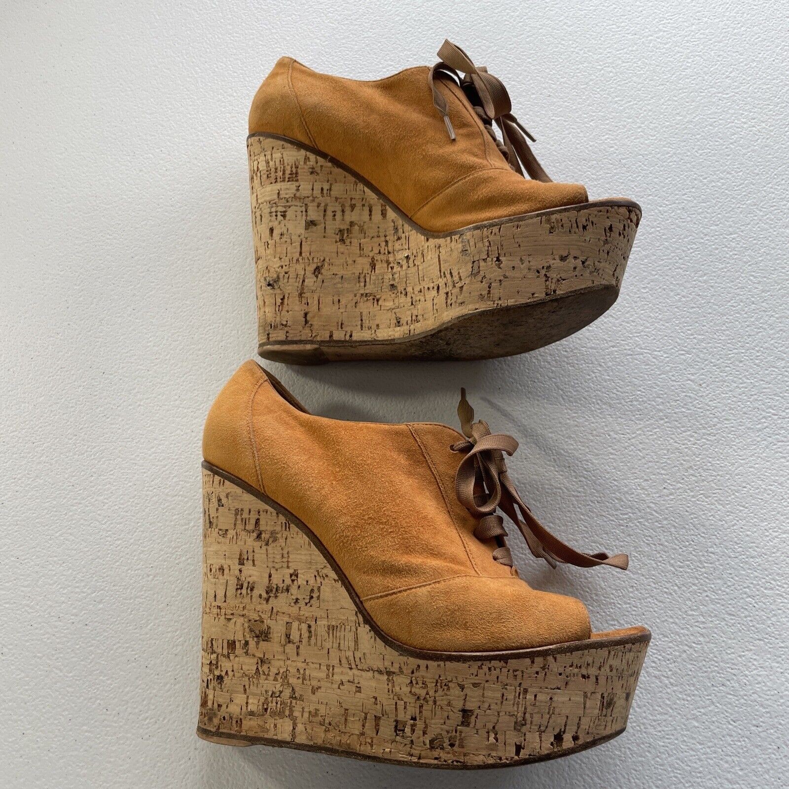 Gianvito Rossi Suede Cork Open Toe Lace Up Platform Shoes Orange/Beige Womens 37