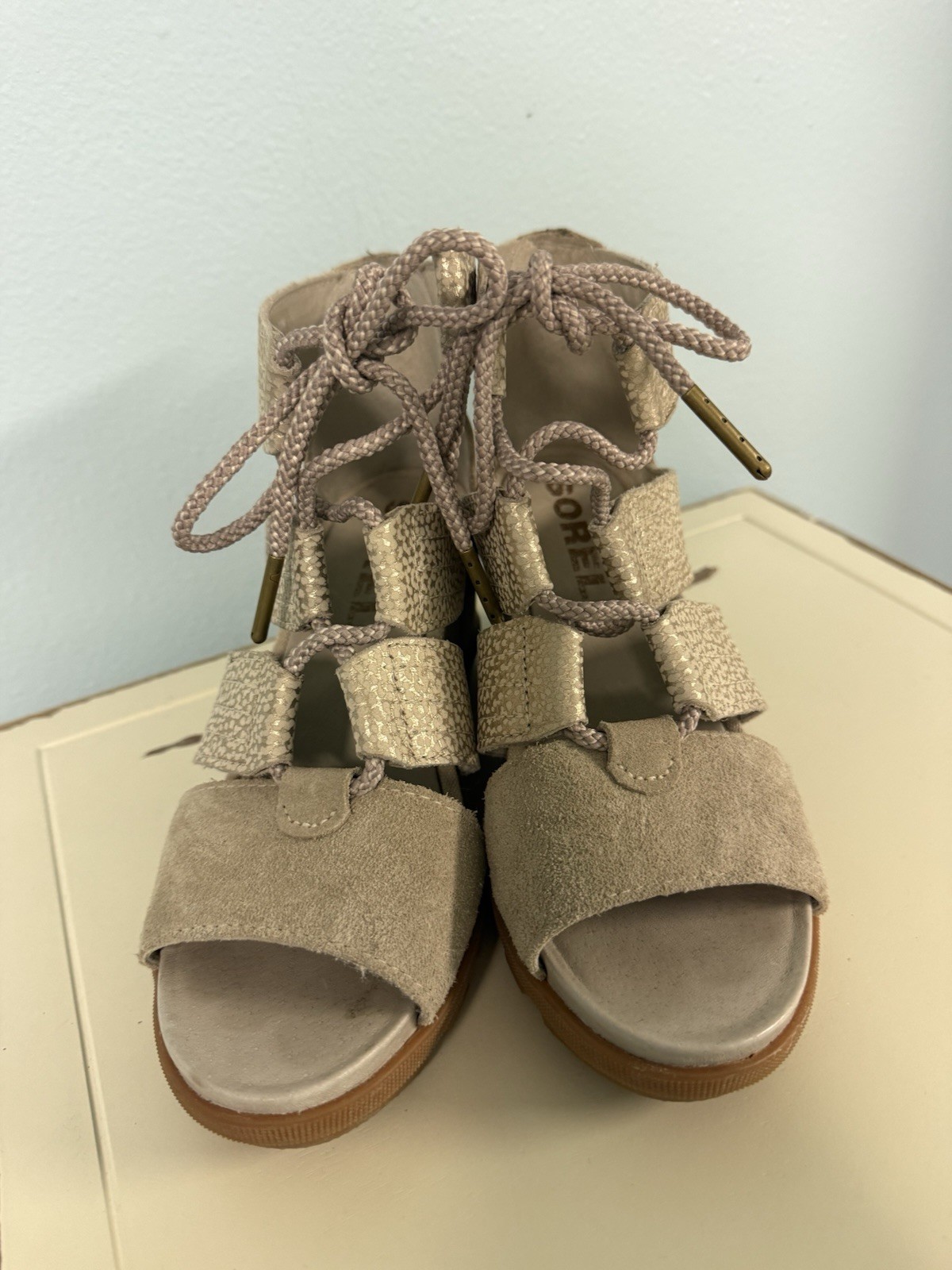 SOREL Women’s Beige Suede Strappy Lace-Up Flat Sandals Casual Travel US 7