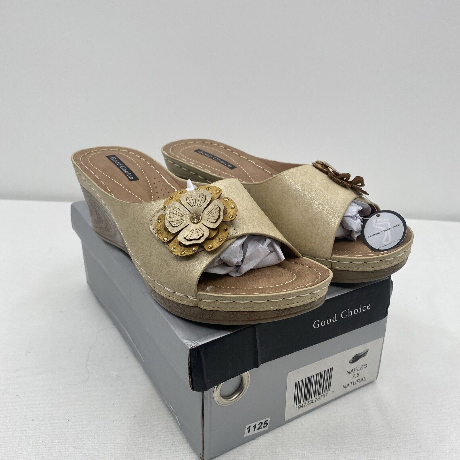 Good Choice Shoes Women’s Naples Flower Wedge Sandals Size 7.5 Natural