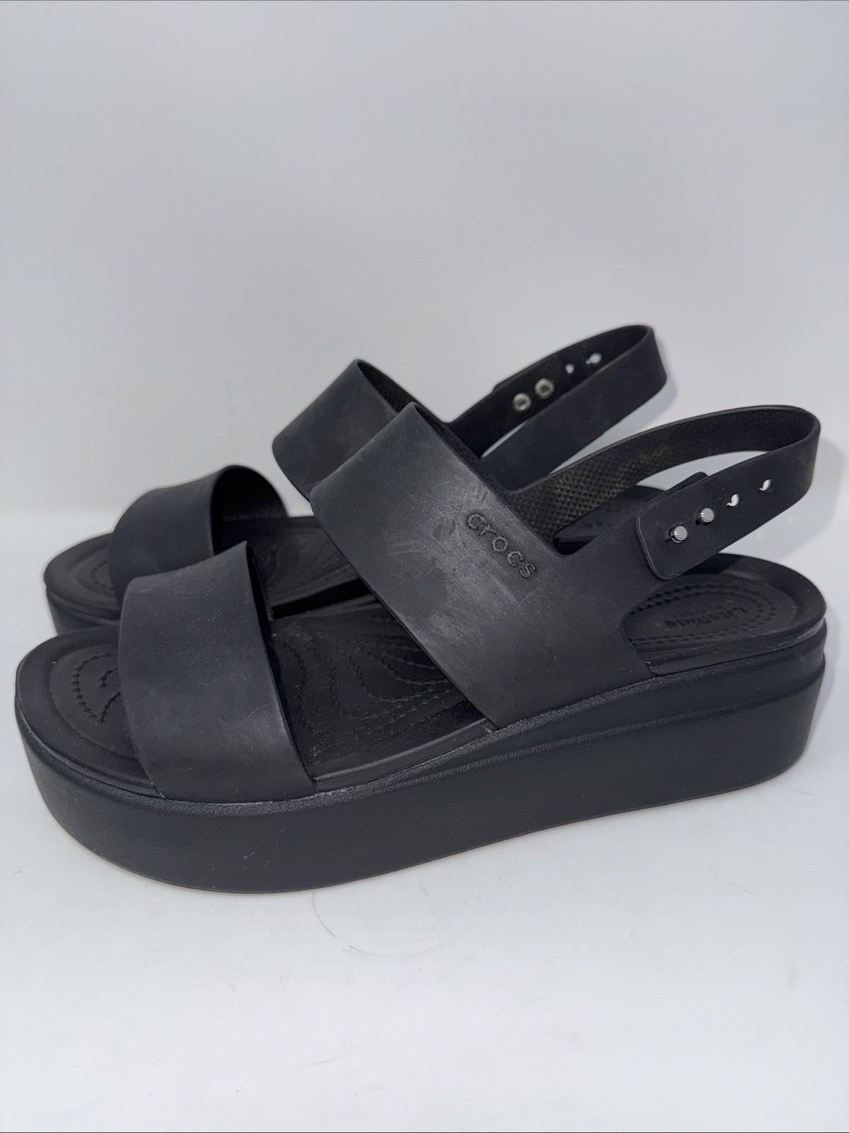 Crocs LiteRide Brooklyn Black Low Wedge Lightweight Adjustable Sandals Size 9