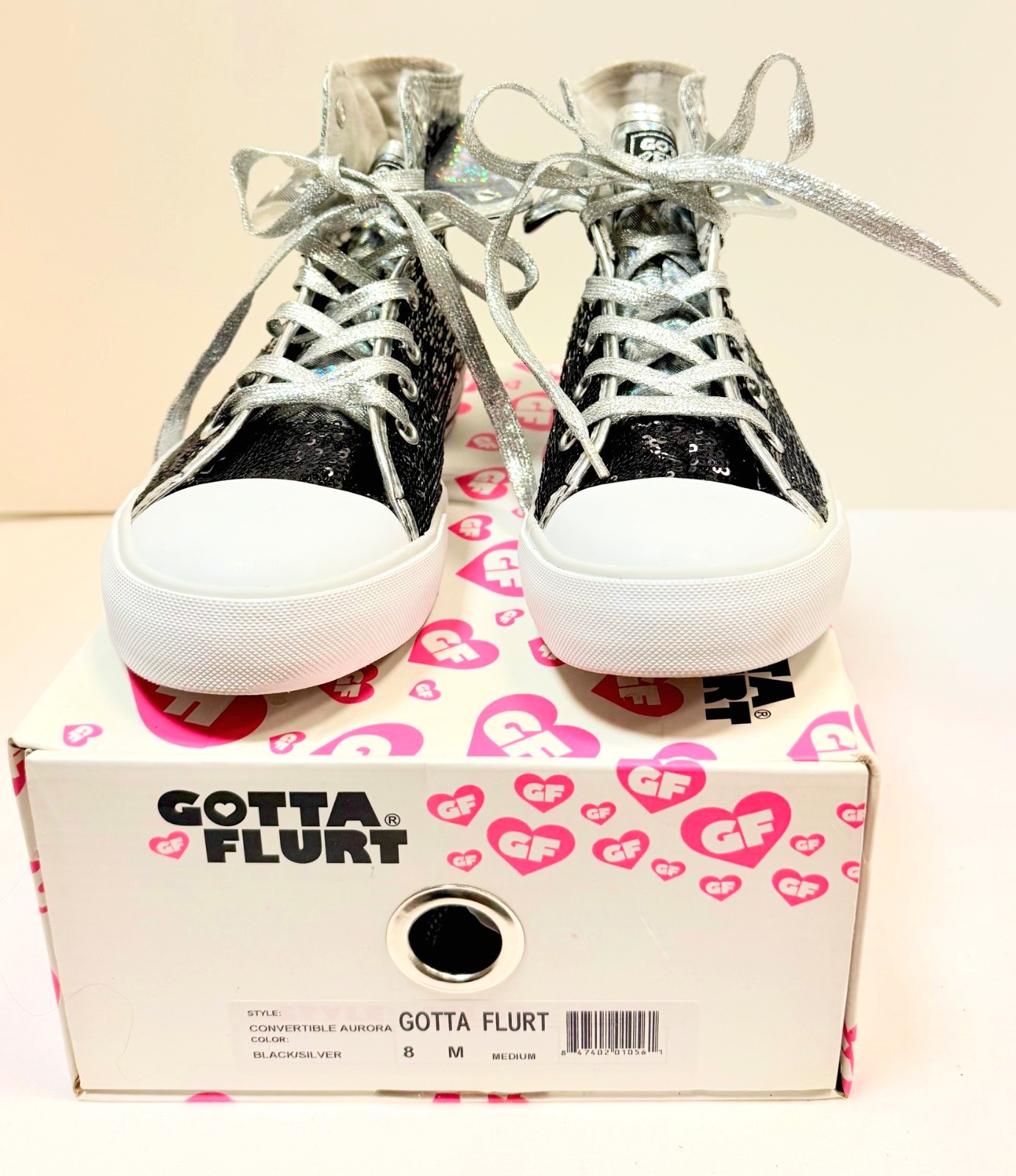 Gotta® Flurt Women’s size 8 Black/Silver Sequin Hi-Top Convertible Sneakers NIB