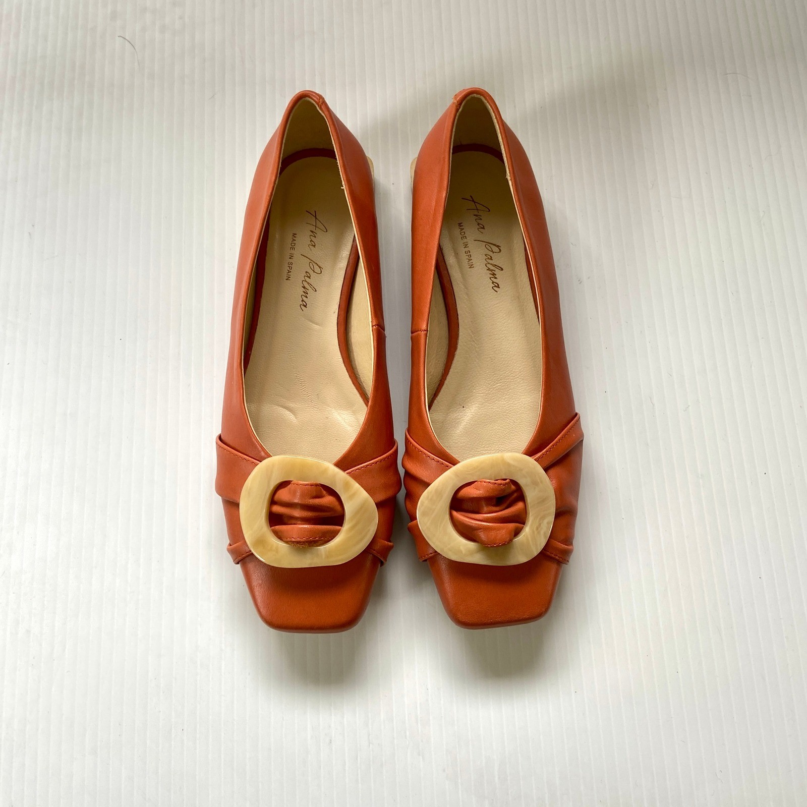 Ana Palma Orange Leather Square Heel Toe Ballet Flats Womens EU 37 US 6.5 7