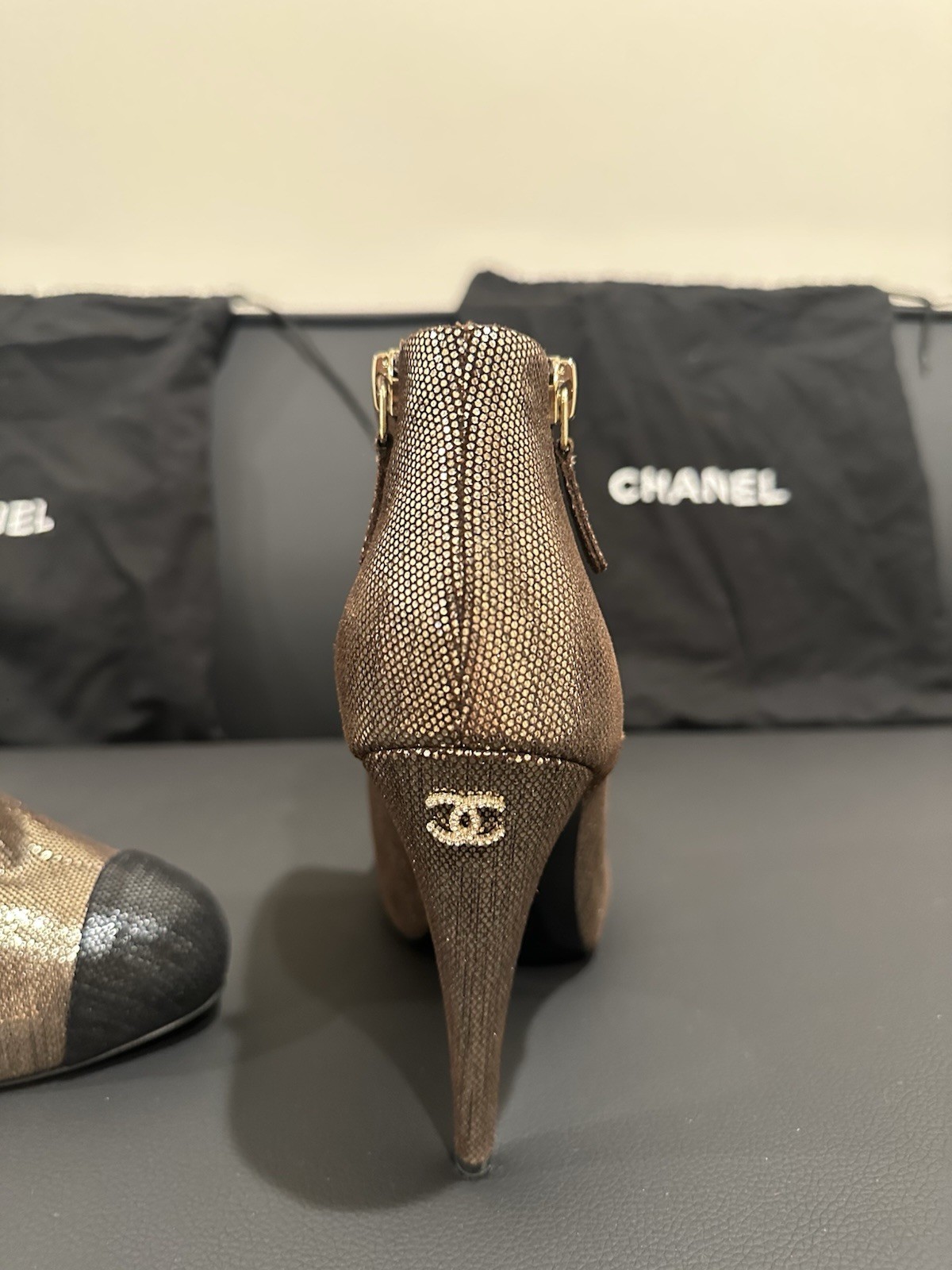 Original Chanel Metallic Cap-Toe Platform Ankle Boots Heels Women’s EU 36.5
